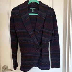 Ralph Lauren Black, Gray, Plum, and Garnet Patterned Wool Cardigan
